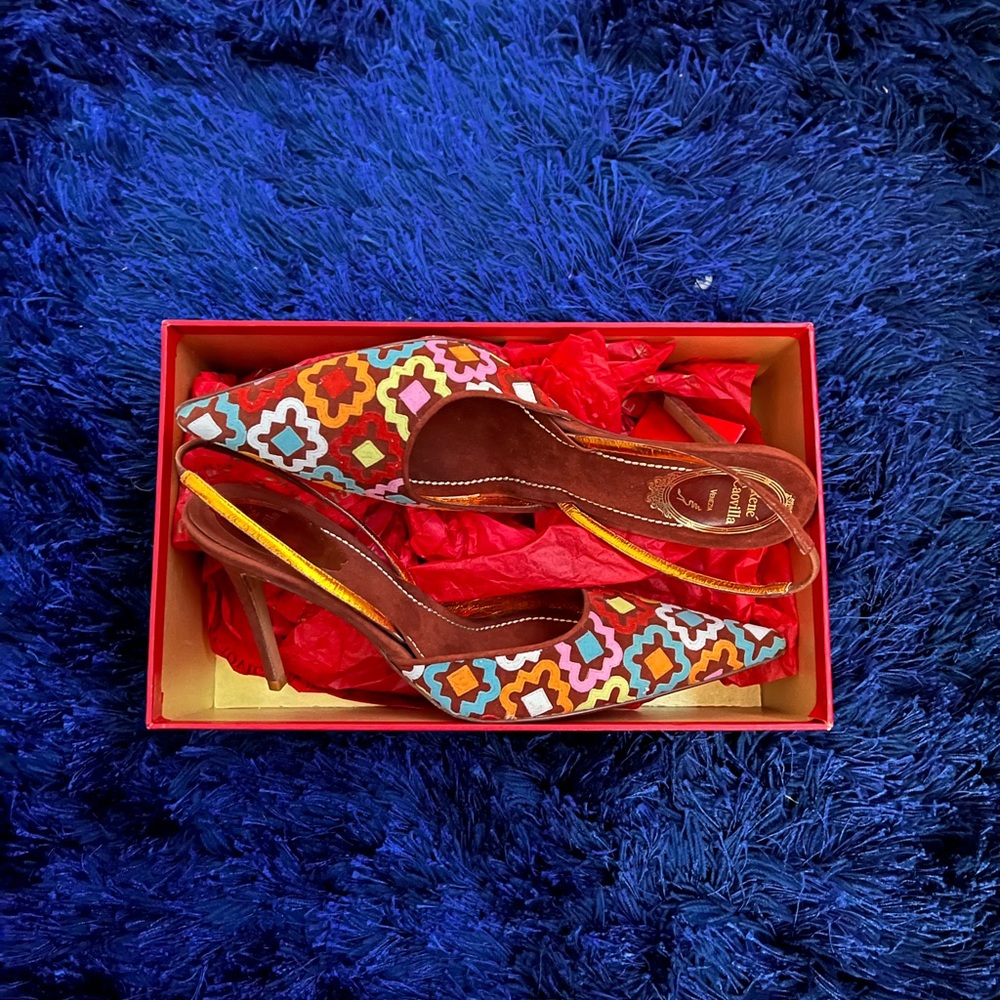 Rene Caovilla Multicolor Geometric Embroidered Slingback Heels - Picture 6 of 9